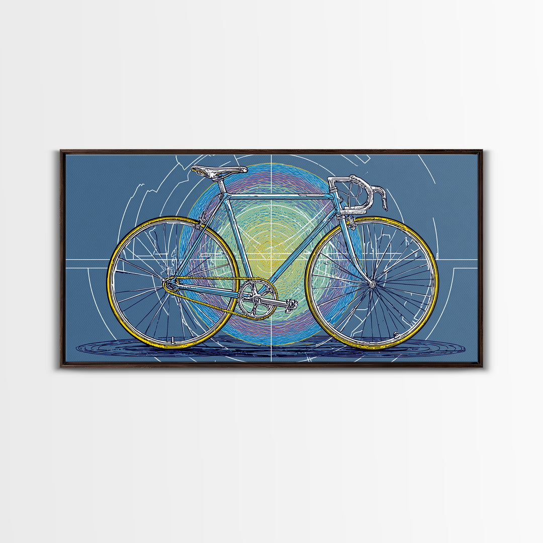 Touring Bicycle With Rainbow Circle Framed Canvas Print, Mid Century Modern Wall Art, Retro Cycling Poster, Blue Office Decor
