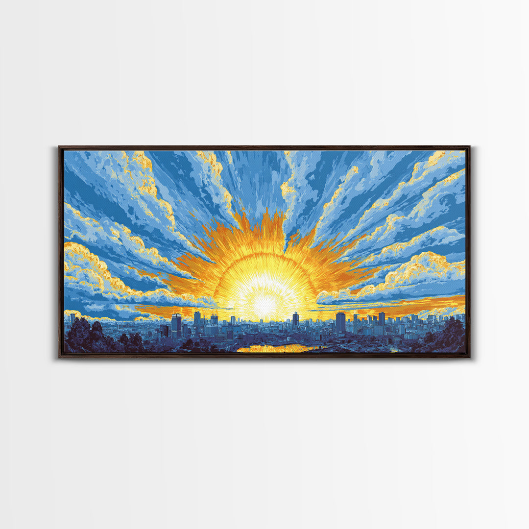 Golden Sunrise City Skyline Wall Art, Blue Sky Urban Landscape Canvas Print, Modern Home Decor, Statement Living Room Art