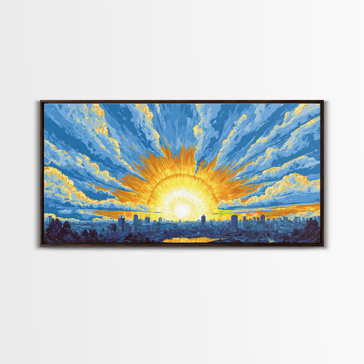 Golden Sunrise City Skyline Wall Art, Blue Sky Urban Landscape Canvas Print, Modern Home Decor, Statement Living Room Art