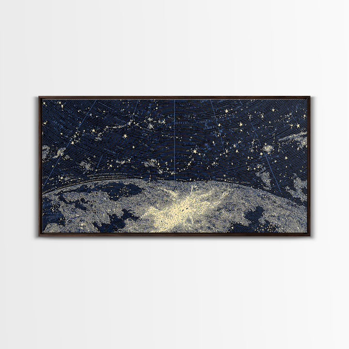 Starry Night Sky Over Abstract Lake Wall Art, Modern Landscape Print, Blue Scenic Poster, Celestial Home Office Decor Gift