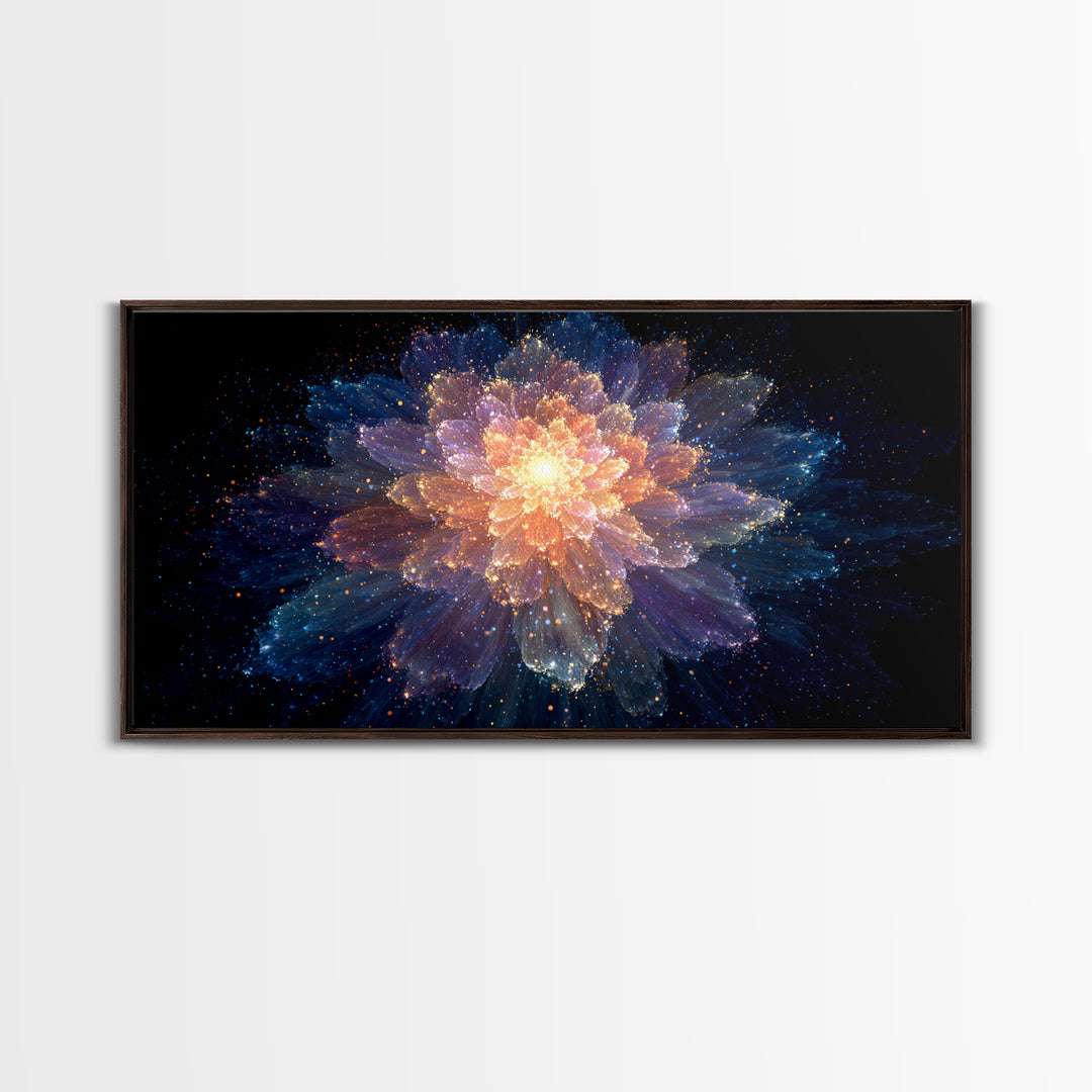 Glowing Cosmic Flower Canvas Print, Blue Orange Abstract Bloom, Spiritual Space Artwork, Modern Wall Art For Bedroom Decor