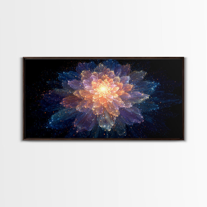 Glowing Cosmic Flower Canvas Print, Blue Orange Abstract Bloom, Spiritual Space Artwork, Modern Wall Art For Bedroom Decor