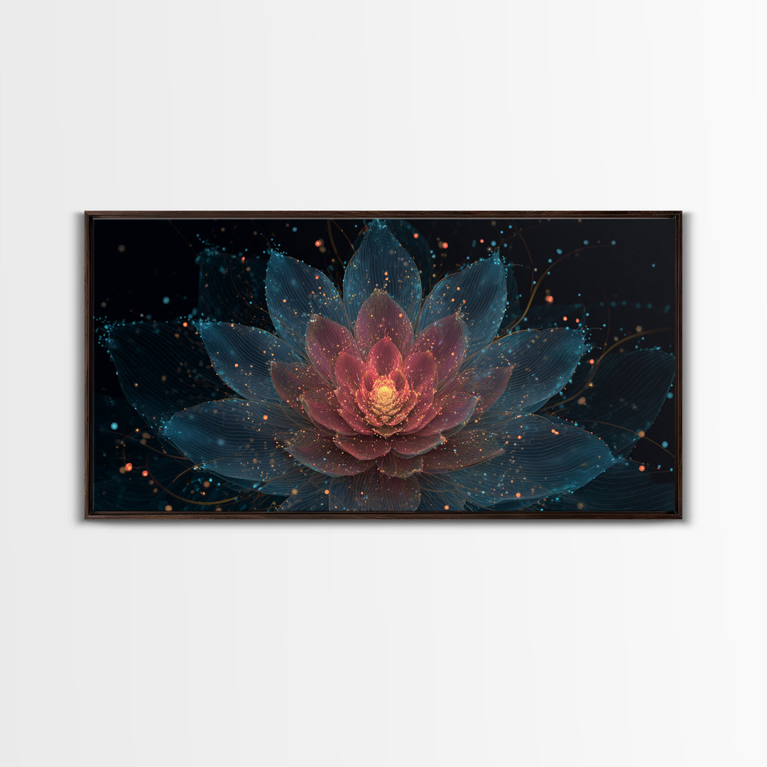 Teal Pink Lotus Canvas Print, Glowing Floral Mandala, Spiritual Abstract Art, Modern Wall Art, Yoga Decor For Meditation Room