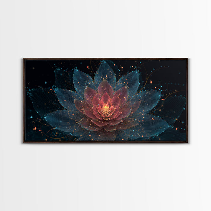 Teal Pink Lotus Canvas Print, Glowing Floral Mandala, Spiritual Abstract Art, Modern Wall Art, Yoga Decor For Meditation Room