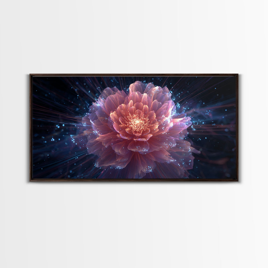 Radiant Pink Peony Canvas Print, Cosmic Floral Bloom, Blue Sparkle Abstract Art, Modern Wall Art For Bedroom And Living Room