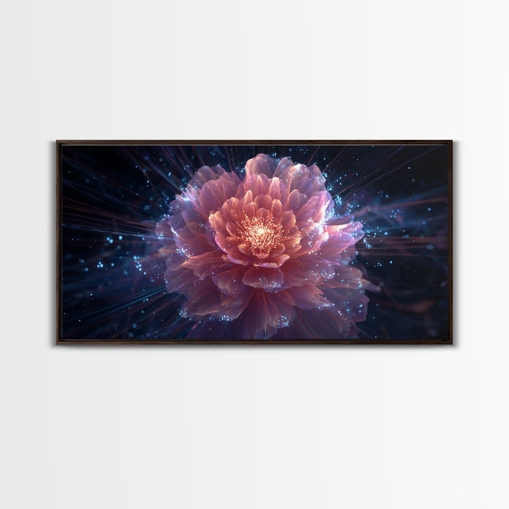 Radiant Pink Peony Canvas Print, Cosmic Floral Bloom, Blue Sparkle Abstract Art, Modern Wall Art For Bedroom And Living Room