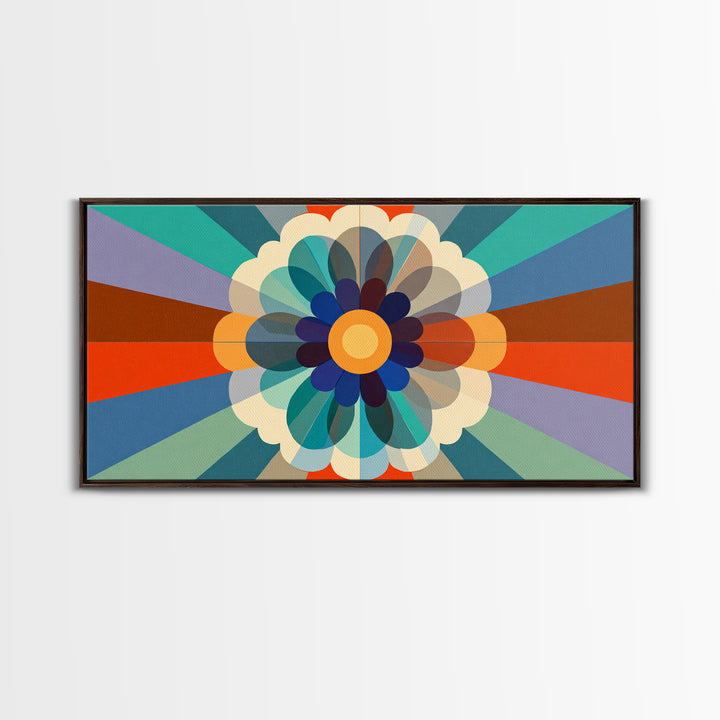Retro Geometric Flower Wall Art, Colorful Mid Century Modern Radial Bloom, Bauhaus Poster, Bold Abstract Home Decor Print