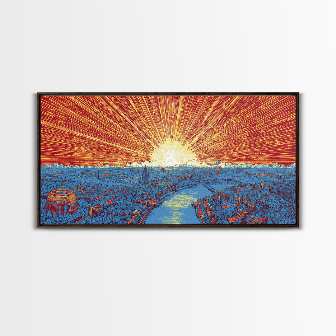 Orange Harbor Sunset Cityscape Wall Art, Blue Water Skyline Print, Retro Travel Poster, Modern Office Decor Canvas Print
