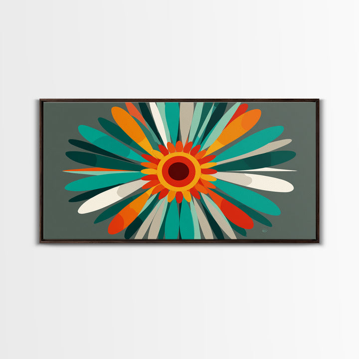 Teal Orange Atomic Flower Wall Art, Mid Century Modern Abstract Burst, Retro Geometric Poster, MCM Home Decor Canvas Print