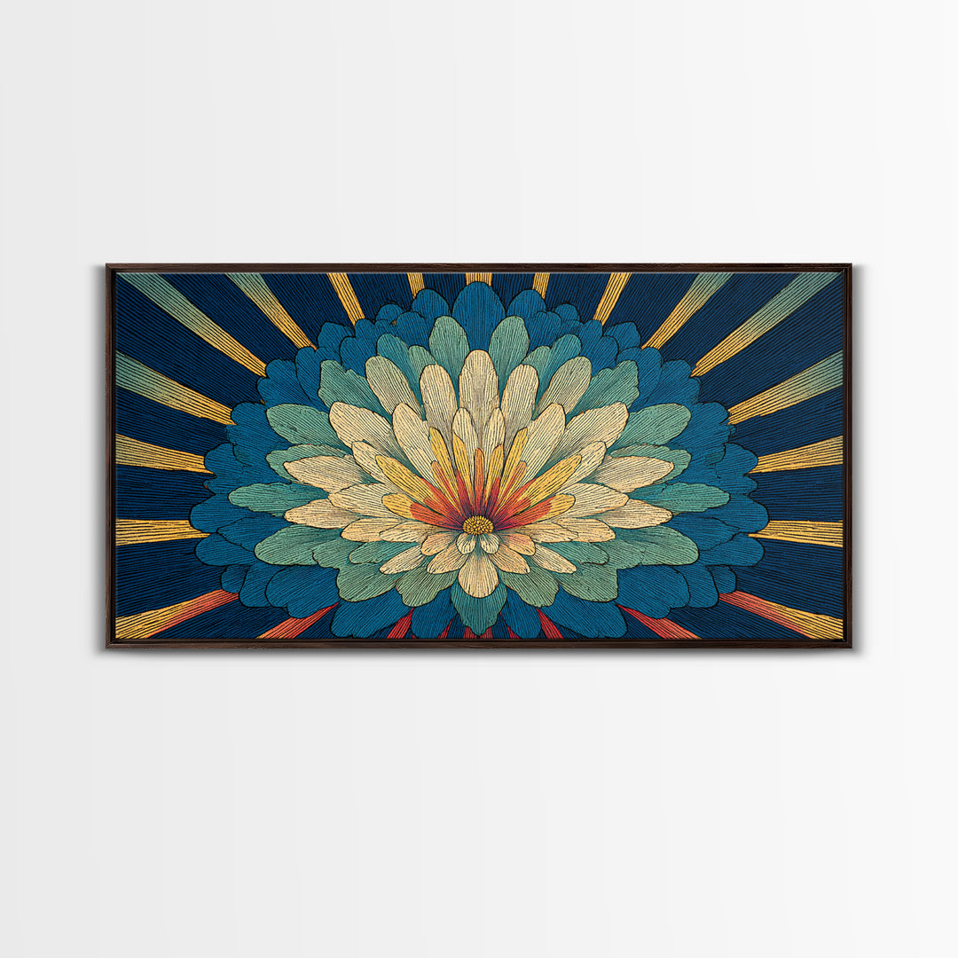 Teal Cream Radiant Flower Wall Art, Midcentury Modern Art Print, Art Deco Floral Decor, Retro Botanical Living Room Decor