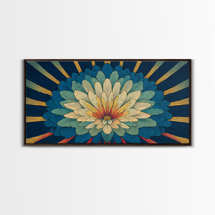 Teal Cream Radiant Flower Wall Art, Midcentury Modern Art Print, Art Deco Floral Decor, Retro Botanical Living Room Decor