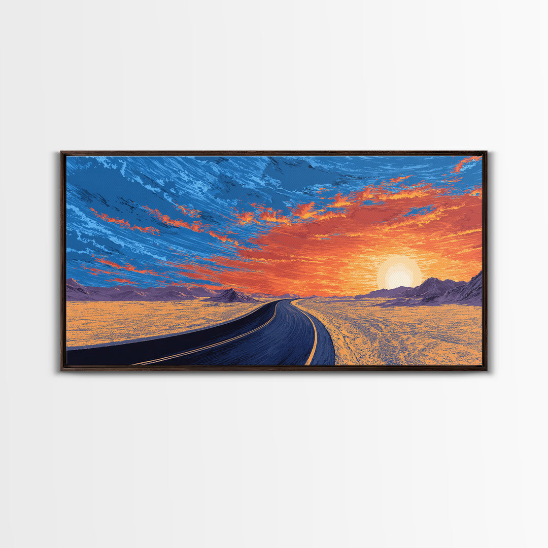 Sunset Highway Desert Wall Art, Midcentury Modern Landscape Print, Retro Travel Poster, Orange Blue Living Room Decor For Home