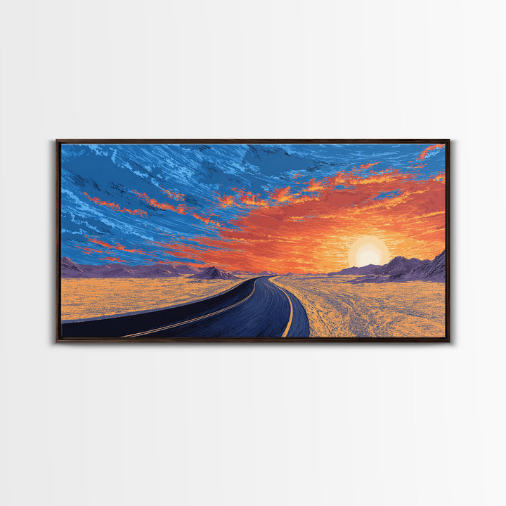 Sunset Highway Desert Wall Art, Midcentury Modern Landscape Print, Retro Travel Poster, Orange Blue Living Room Decor For Home