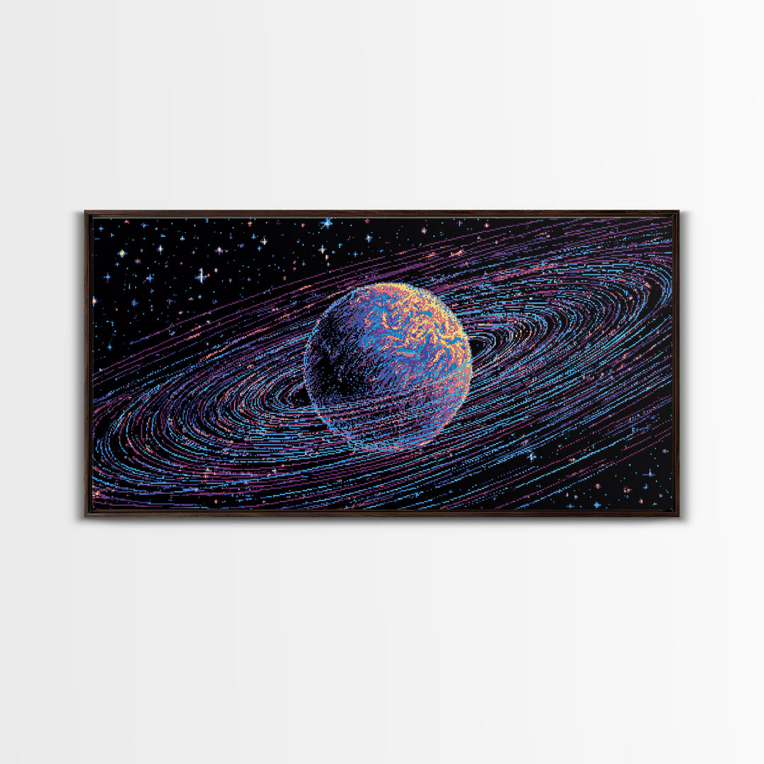Ringed Planet Space Wall Art, Retro Sci Fi Canvas Print, Cosmic Abstract Art, Modern Digital Art Poster For Bedroom Decor