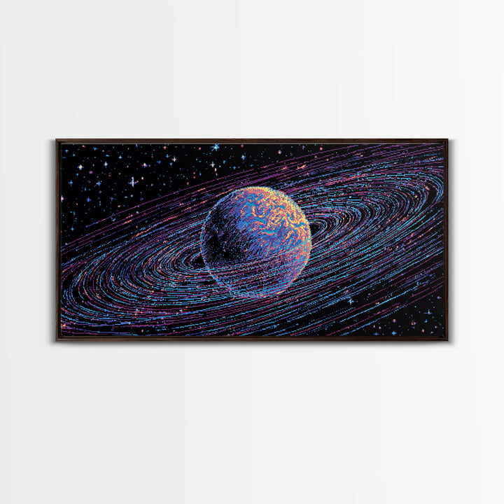Ringed Planet Space Wall Art, Retro Sci Fi Canvas Print, Cosmic Abstract Art, Modern Digital Art Poster For Bedroom Decor