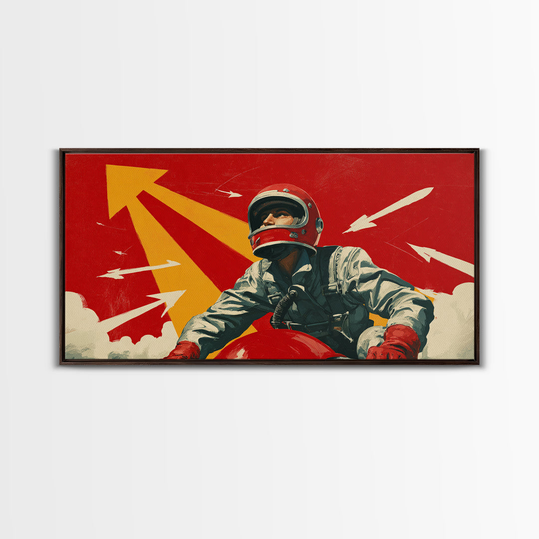 Retro Space Racer Canvas Print, Helmeted Pilot With Arrows Poster, Midcentury Modern Wall Decor, Bold Red Adventure Art Print