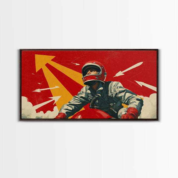 Retro Space Racer Canvas Print, Helmeted Pilot With Arrows Poster, Midcentury Modern Wall Decor, Bold Red Adventure Art Print