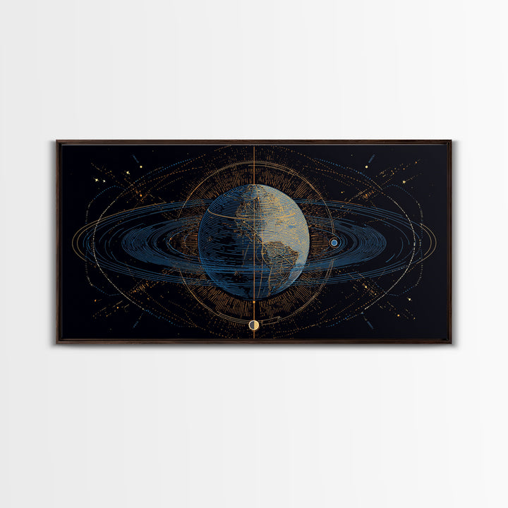 Celestial Planet Orbit Framed Canvas Print, Midcentury Modern Wall Art, Space Abstract Poster, Cosmic Retro Home Office Decor
