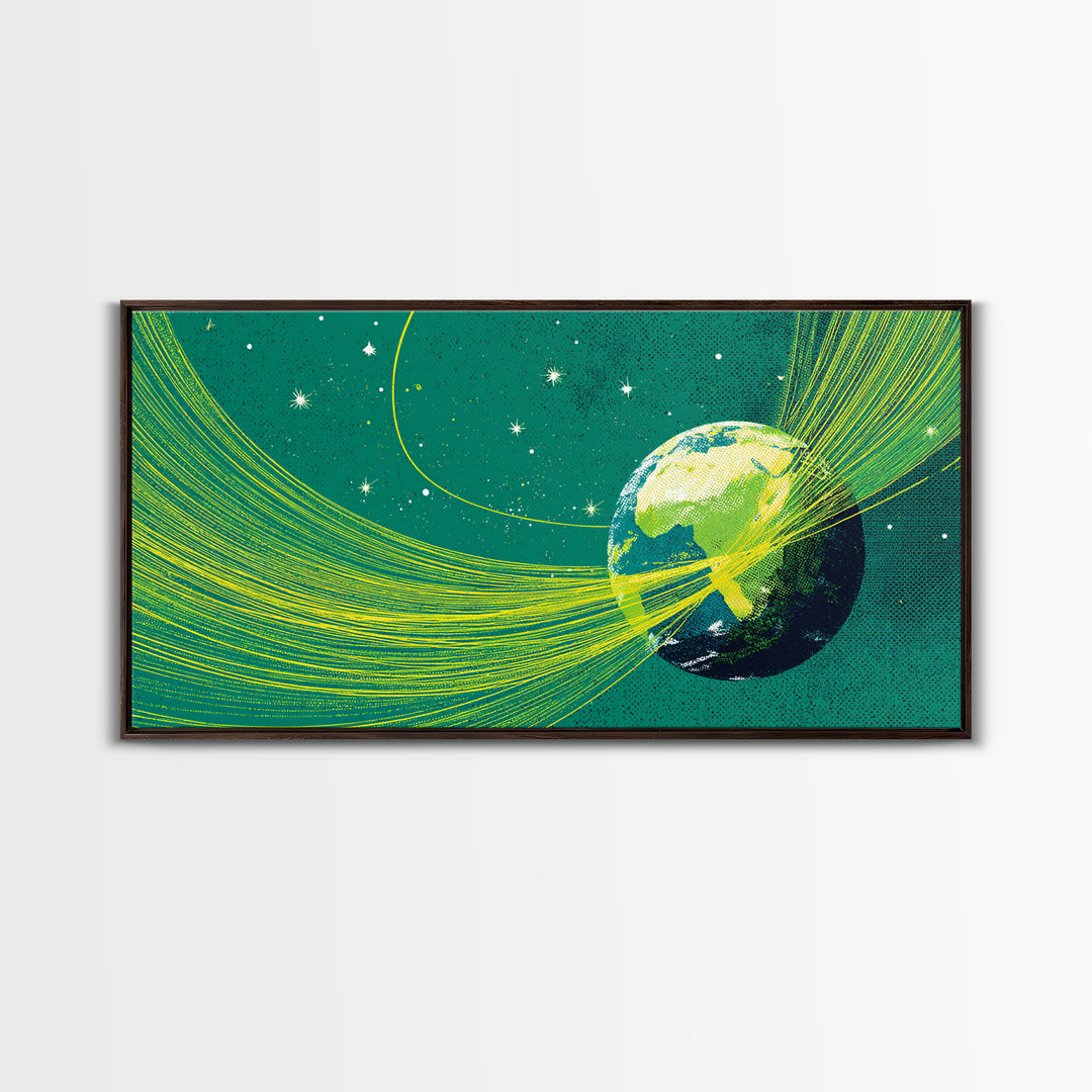 Green Earth Orbit Lines Canvas Print, Retro Space Abstract Wall Decor, Mid Century Modern Art, Cosmic Planet Living Room Decor