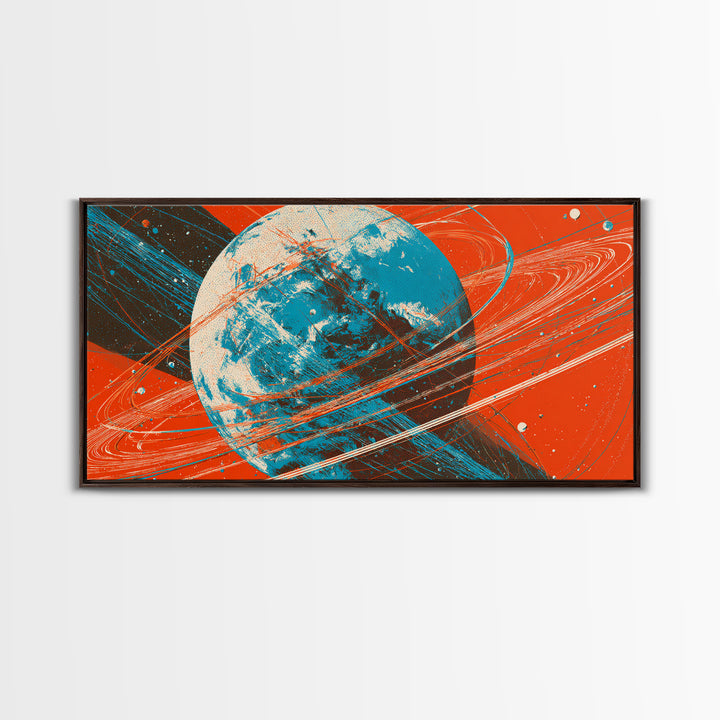 Orange Ringed Planet Canvas Print, Bold Retro Space Wall Art, Mid Century Modern Abstract Poster, Teal Blue Sci Fi Decor