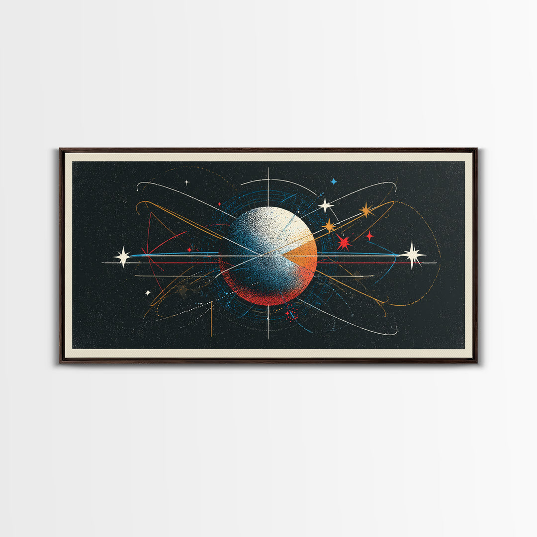 Atomic Orbit Sphere Wall Art, Mid Century Modern Abstract Space Poster, Geometric Planet Lines, Retro MCM Living Room Decor