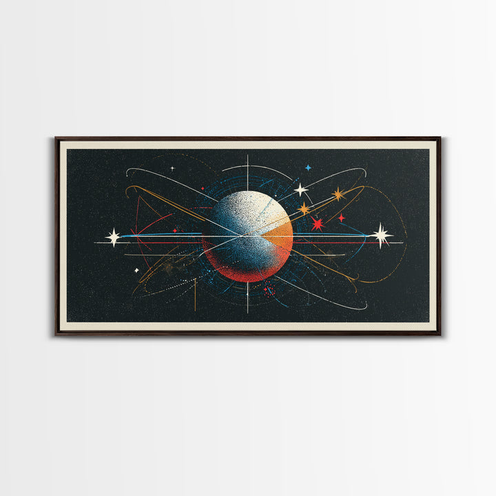 Atomic Orbit Sphere Wall Art, Mid Century Modern Abstract Space Poster, Geometric Planet Lines, Retro MCM Living Room Decor