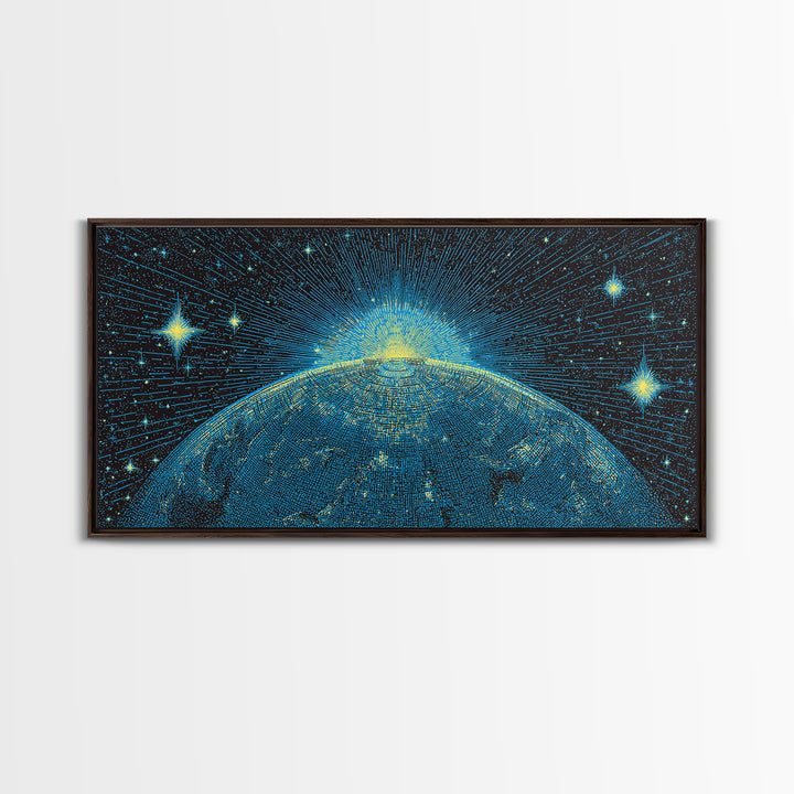 Blue Planet Horizon Canvas Print, Starburst Space Wall Art, Mid Century Modern Abstract Decor, Cosmic Sunrise Statement Poster