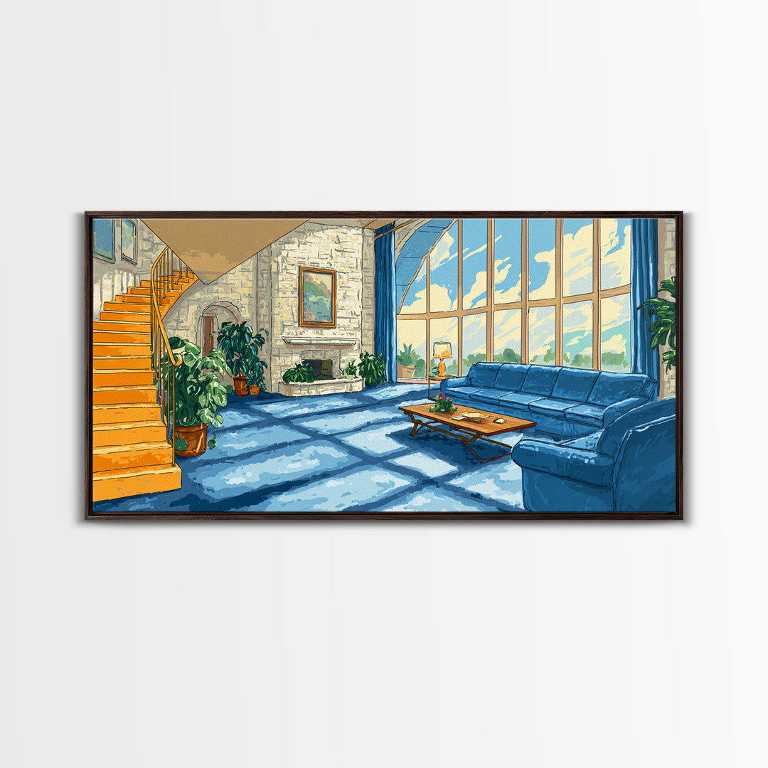 Sunlit Blue Sofa Loft Framed Canvas Print, Modern Wall Art, Airy Living Room Decor, Architectural Interior Poster, Home Office