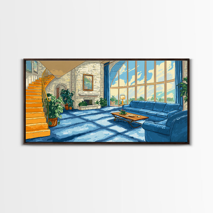 Sunlit Blue Sofa Loft Framed Canvas Print, Modern Wall Art, Airy Living Room Decor, Architectural Interior Poster, Home Office