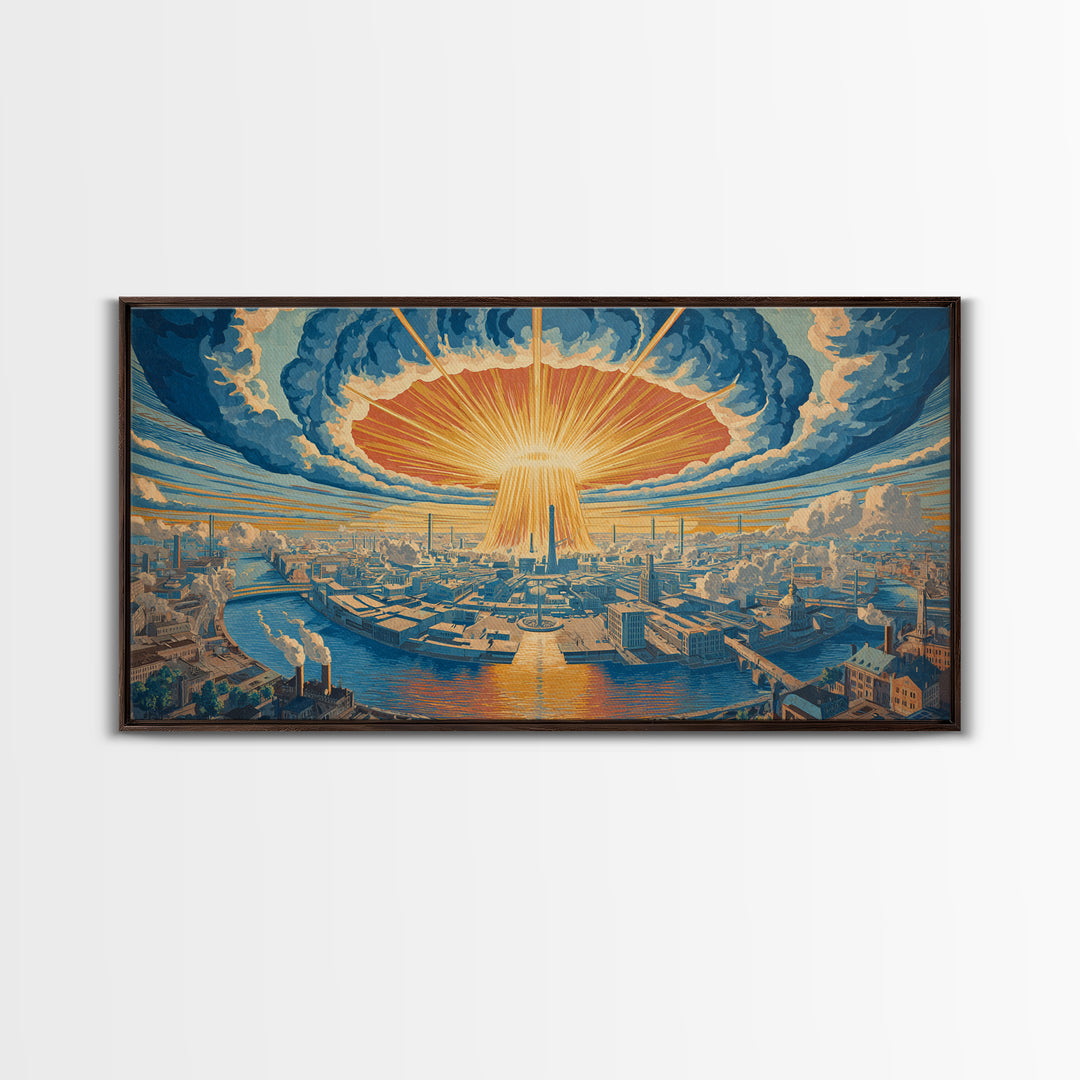 Radiant Futuristic City Sunrise Wall Art, Retro Sci Fi Skyline, Mid Century Modern Decor, Blue Orange Large Canvas Print