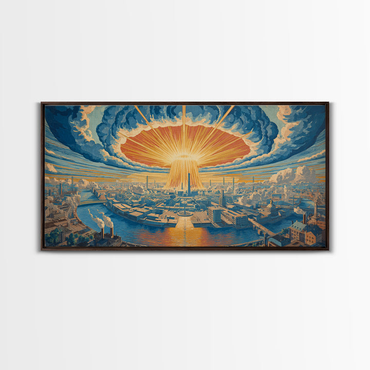 Radiant Futuristic City Sunrise Wall Art, Retro Sci Fi Skyline, Mid Century Modern Decor, Blue Orange Large Canvas Print