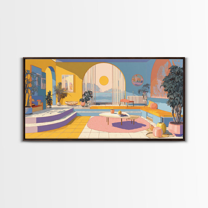 Pastel Ocean Sunroom Canvas Print, Colorful Modern Wall Art, Arch Window Coastal Decor, Retro Palm Springs Living Room Poster