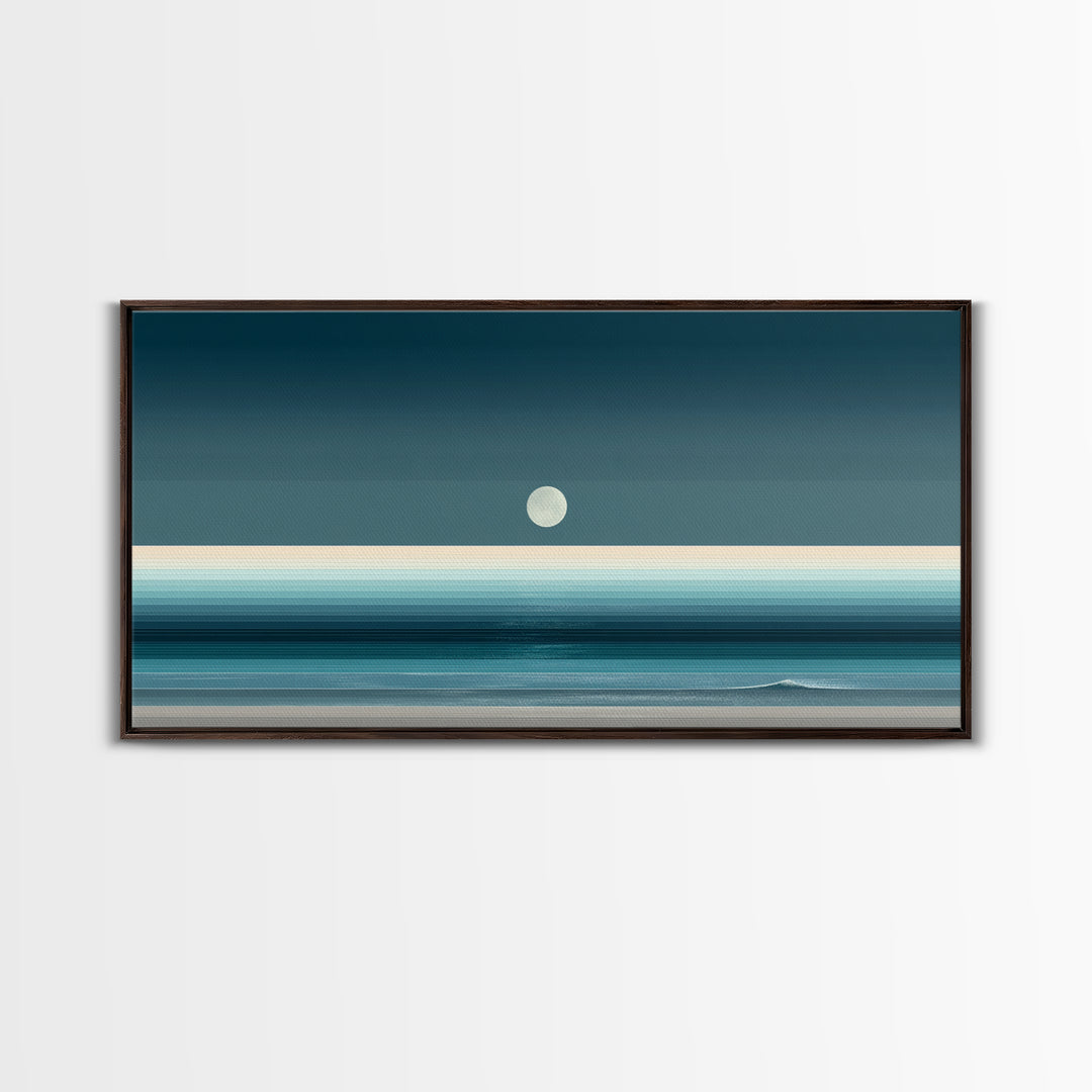 Minimal Moon Over Teal Ocean Canvas Print, Coastal Night Seascape, Modern Wall Art, Blue Horizontal Landscape Decor, Bedroom Art Prints
