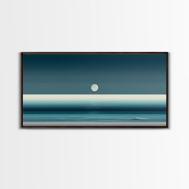 Minimal Moon Over Teal Ocean Canvas Print, Coastal Night Seascape, Modern Wall Art, Blue Horizontal Landscape Decor, Bedroom Art Prints