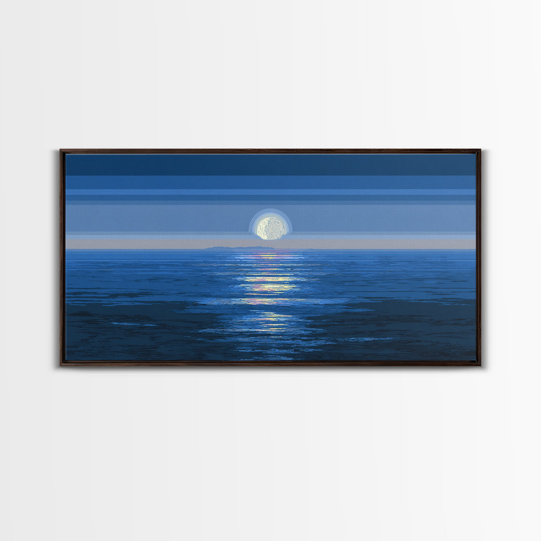 Blue Full Moon Ocean Framed Canvas Print, Coastal Seascape Wall Art, Modern Home Decor, Peaceful Bedroom Art Prints, Large Wall Decor