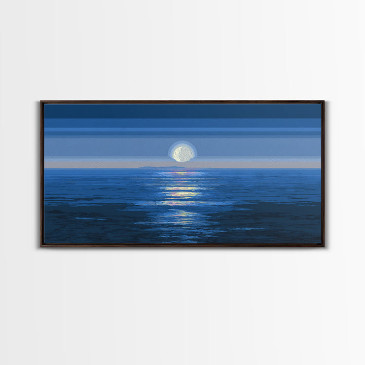 Blue Full Moon Ocean Framed Canvas Print, Coastal Seascape Wall Art, Modern Home Decor, Peaceful Bedroom Art Prints, Large Wall Decor