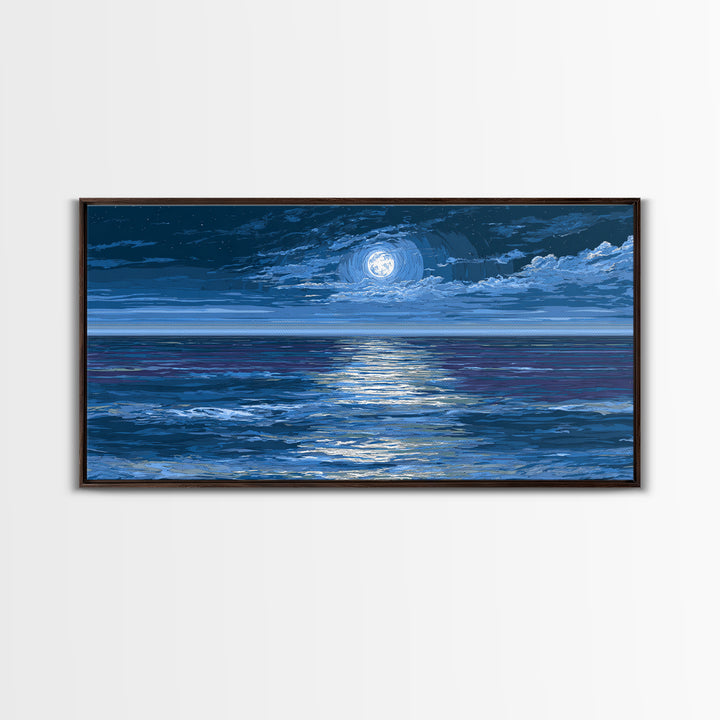 Starry Moonlit Ocean Framed Canvas Print, Dramatic Blue Seascape Wall Art, Coastal Night Decor, Modern Bedroom Art Prints