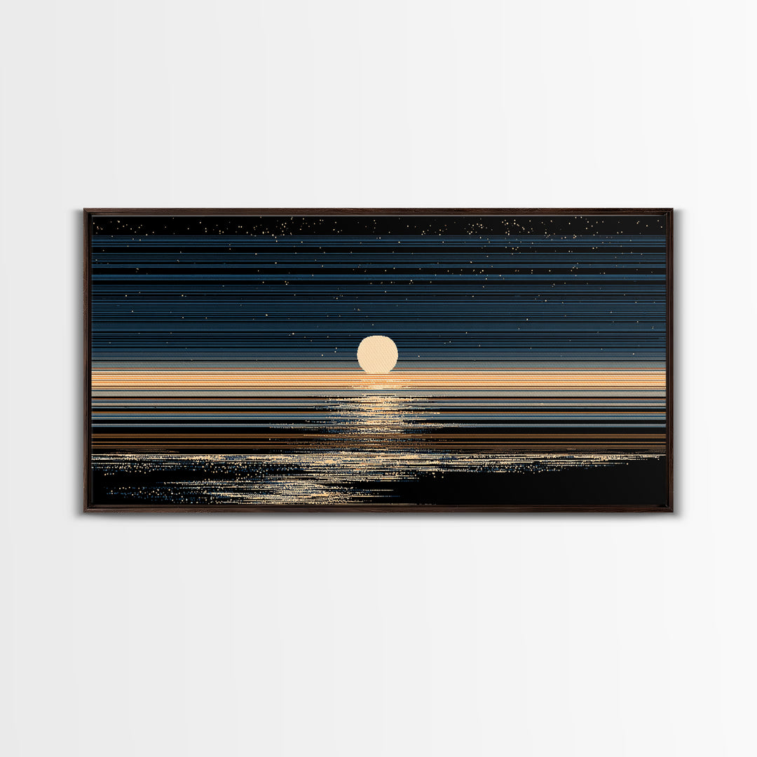 Golden Moon Horizon Ocean Canvas Print, Starry Night Seascape Wall Art, Modern Coastal Decor, Blue Black Bedroom Art Prints