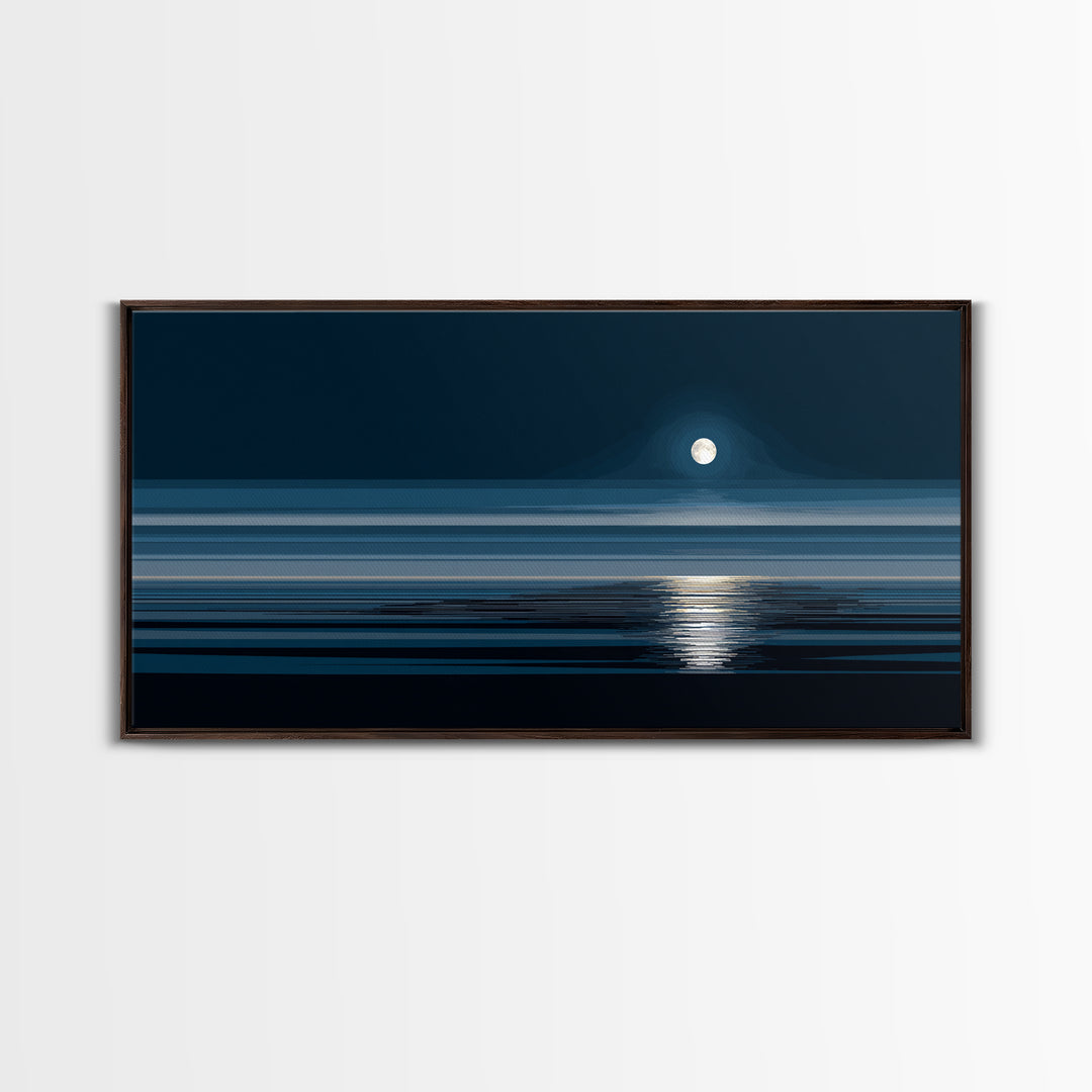 Quiet Moon Over Dark Ocean Canvas Print, Minimal Blue Seascape Wall Art, Modern Coastal Decor, Peaceful Bedroom Art Prints