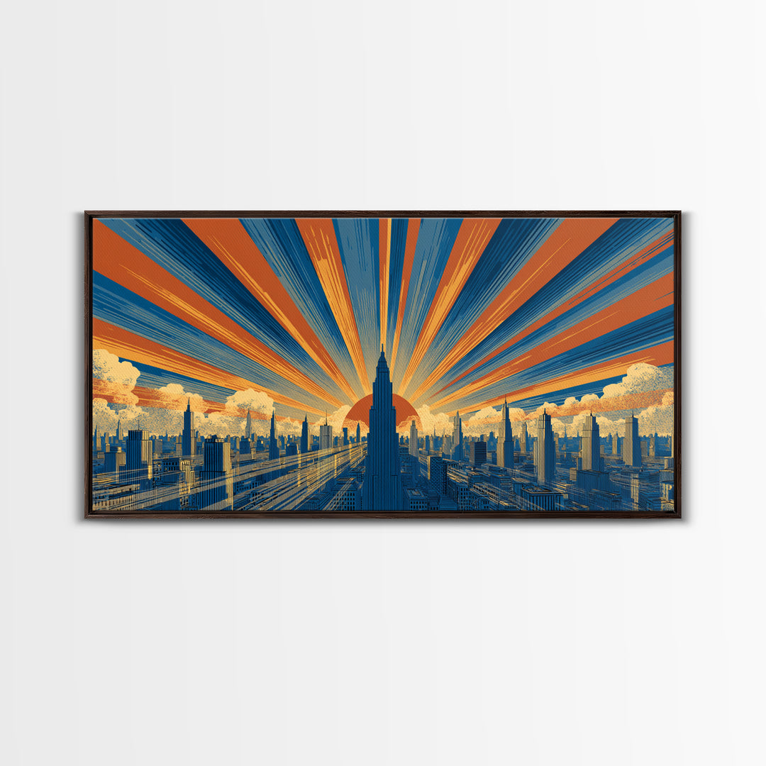 Art Deco Futuristic Skyline Framed Canvas Print, Retro Sci Fi Cityscape, Mid Century Modern Wall Decor, Blue Orange Poster