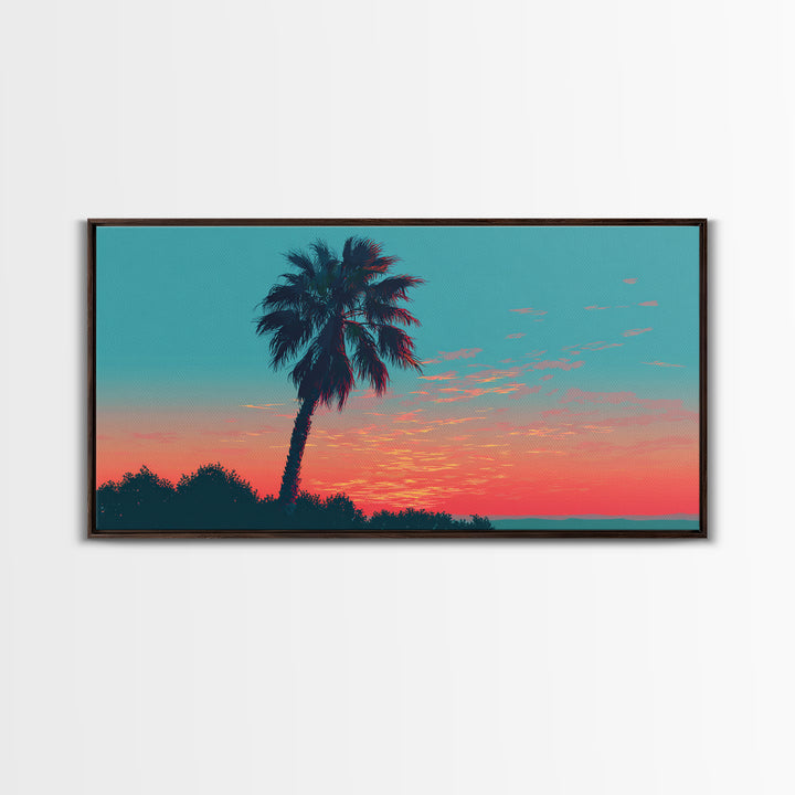 Leaning Palm Coral Sunset Canvas Print, Retro Tropical Landscape, Midcentury Wall Art, Palm Springs Decor, Coastal Poster Print