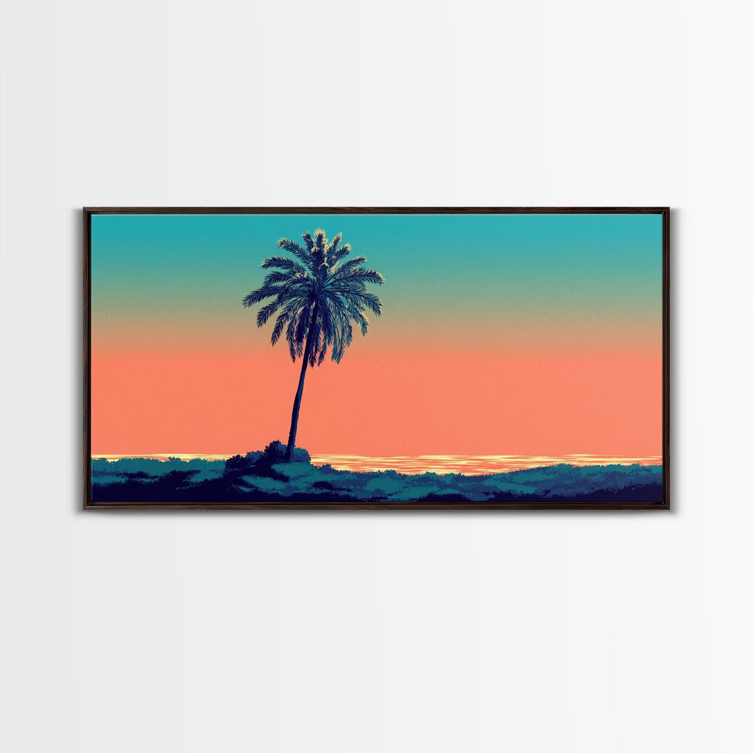 Solitary Palm Ocean Sunset Framed Canvas Print, Retro Tropical Wall Art, Midcentury Modern Decor, Coastal Home Poster Print