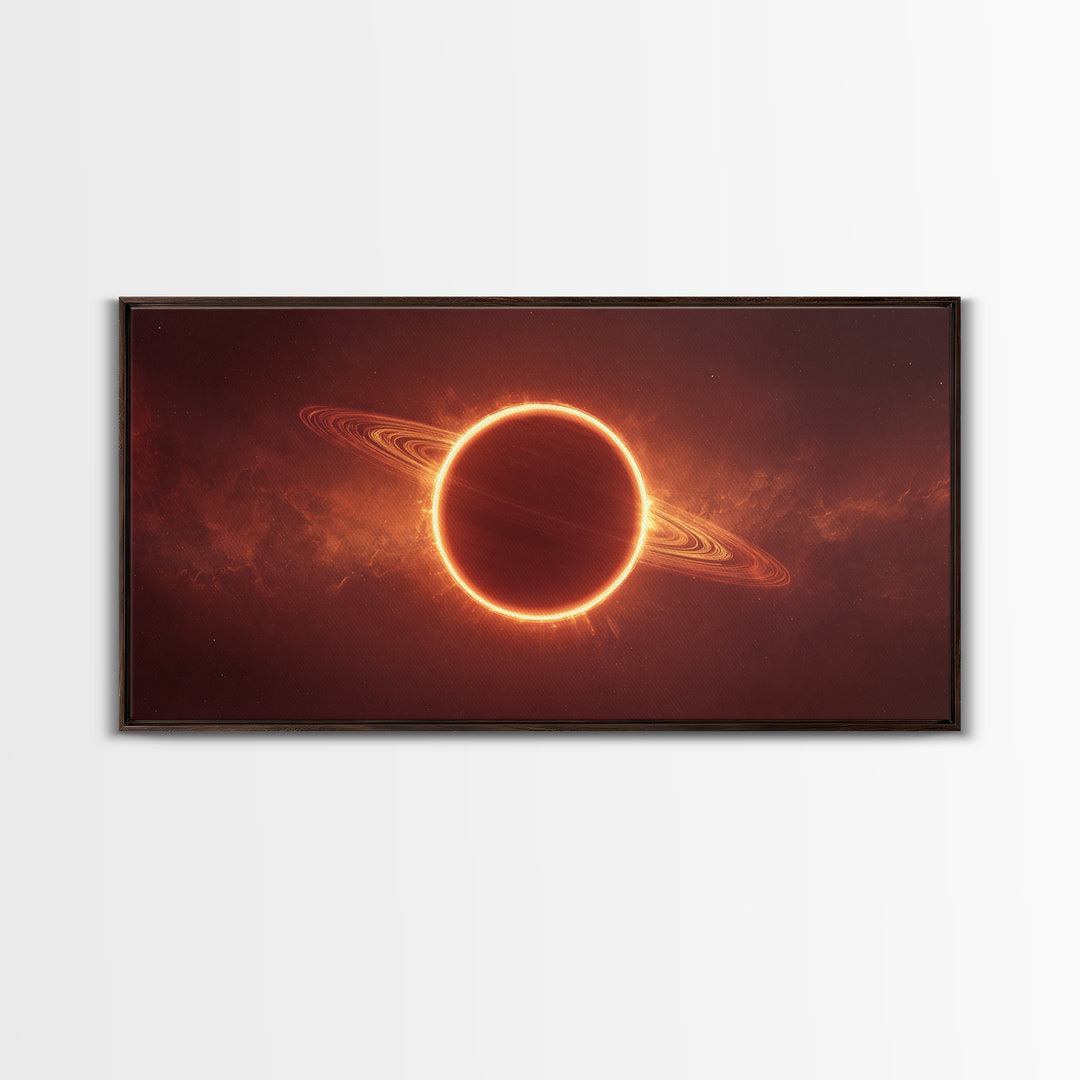 Ringed Planet Eclipse Framed Canvas Print, Cosmic Nebula Wall Art, Retro Sci Fi Poster, Orange Space Decor, Modern Art Print