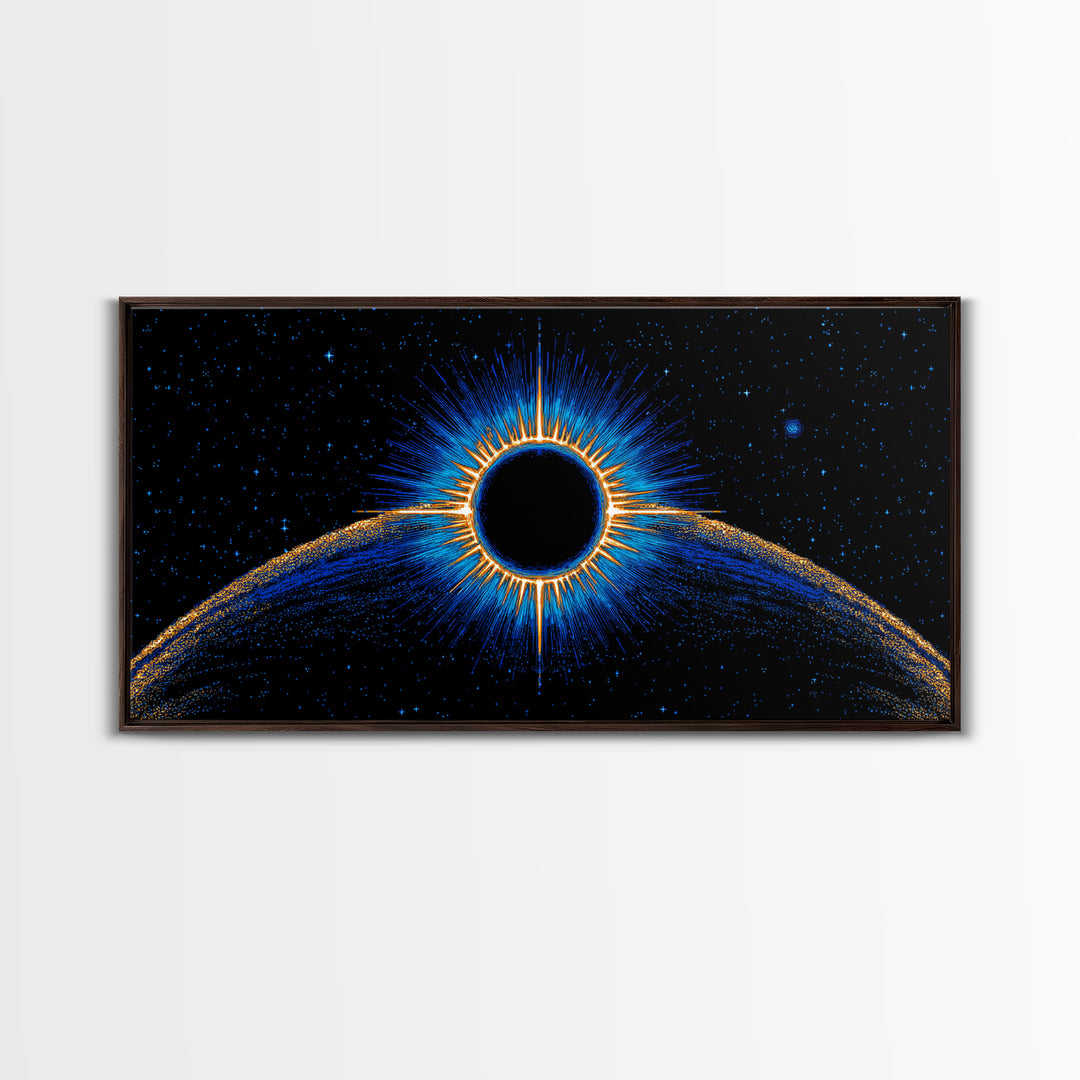 Blue Solar Eclipse Wall Art, Cosmic Retro Sci Fi Print, Black Hole Starfield Poster, Modern Digital Art, Space Decor Print