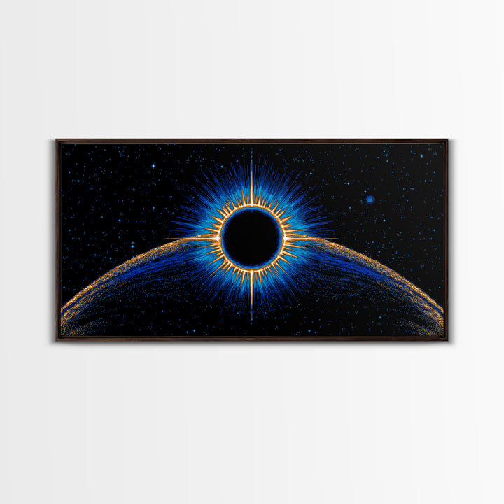 Blue Solar Eclipse Wall Art, Cosmic Retro Sci Fi Print, Black Hole Starfield Poster, Modern Digital Art, Space Decor Print