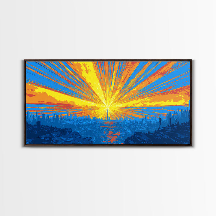 Explosive Solar Skyline Wall Art, Bright Retro Sci Fi Sunburst, Blue Orange Modern Art Print, Mid Century City Poster Decor