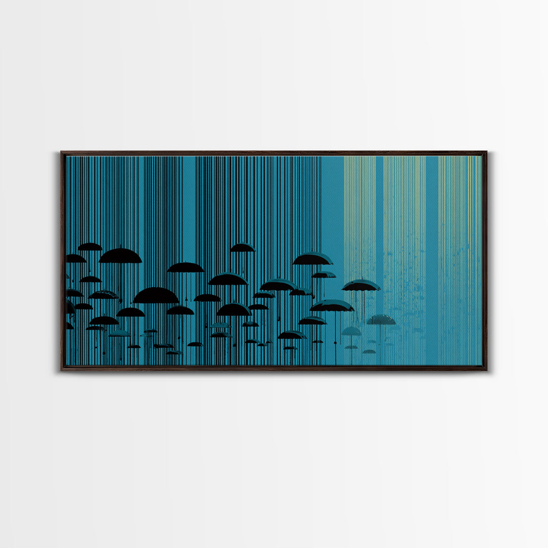 Teal Rain Umbrellas In Vertical Lines Wall Art, Midcentury Modern Abstract Print, Retro Wall Decor, Modern Home Decor For Living Room