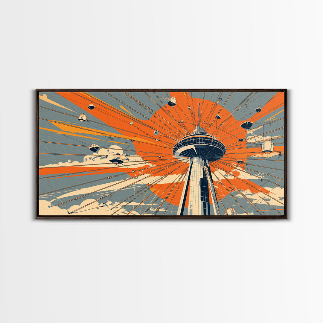 Retro Space Needle With Flying Saucers Canvas Print, Midcentury Modern Wall Art, Orange Sun Poster, Sci Fi Seattle Decor