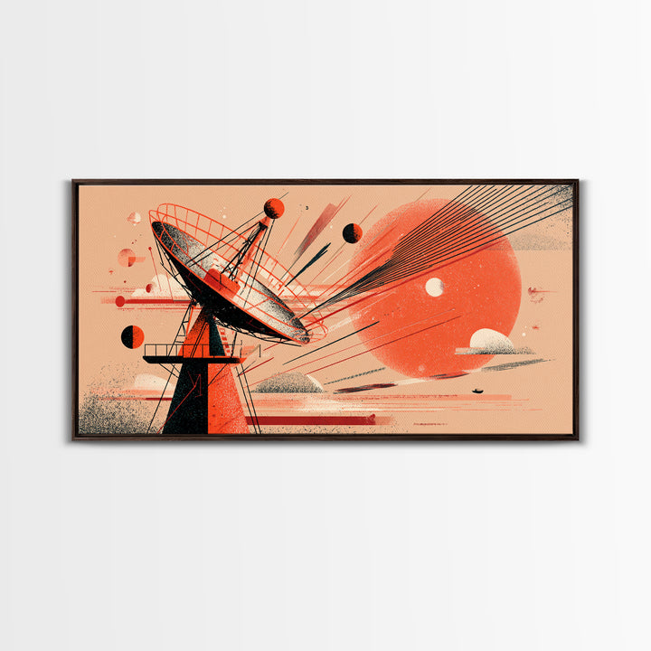 Red Satellite Dish And Orange Sun Wall Art, Midcentury Modern Space Abstract Print, Retro Sci Fi Poster, Modern Wall Decor