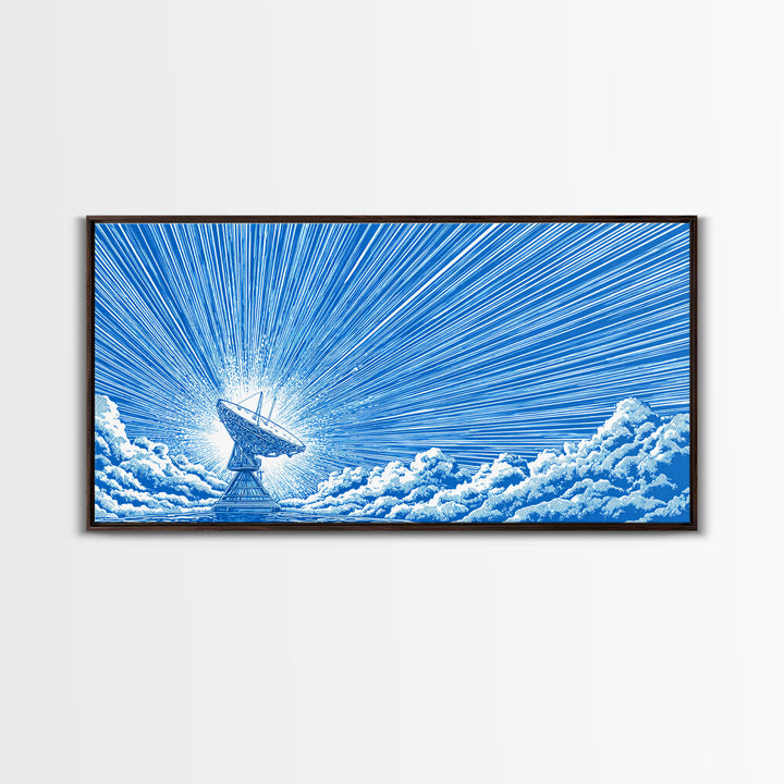 Blue Radio Telescope Skyburst Wall Art, Retro Sci Fi Poster, Atomic Midcentury Modern Art Print For Office And Home Wall Decor